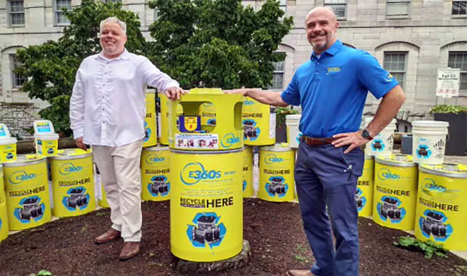 James Ewles and Andrew Horseman of Environmental 360 Solutions Ltd in Kingston Ontario to unveil new SMART outdoor battery recycling containers. 